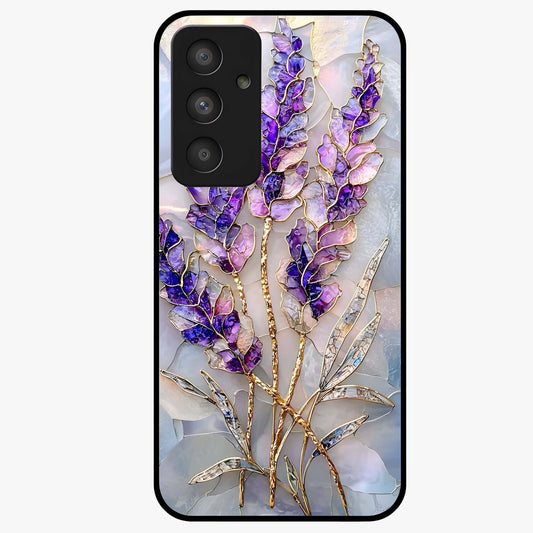 Lavender Dream Glow Glass Case showing flat back view with glowing lavender aesthetic artwork and glossy glass finish.