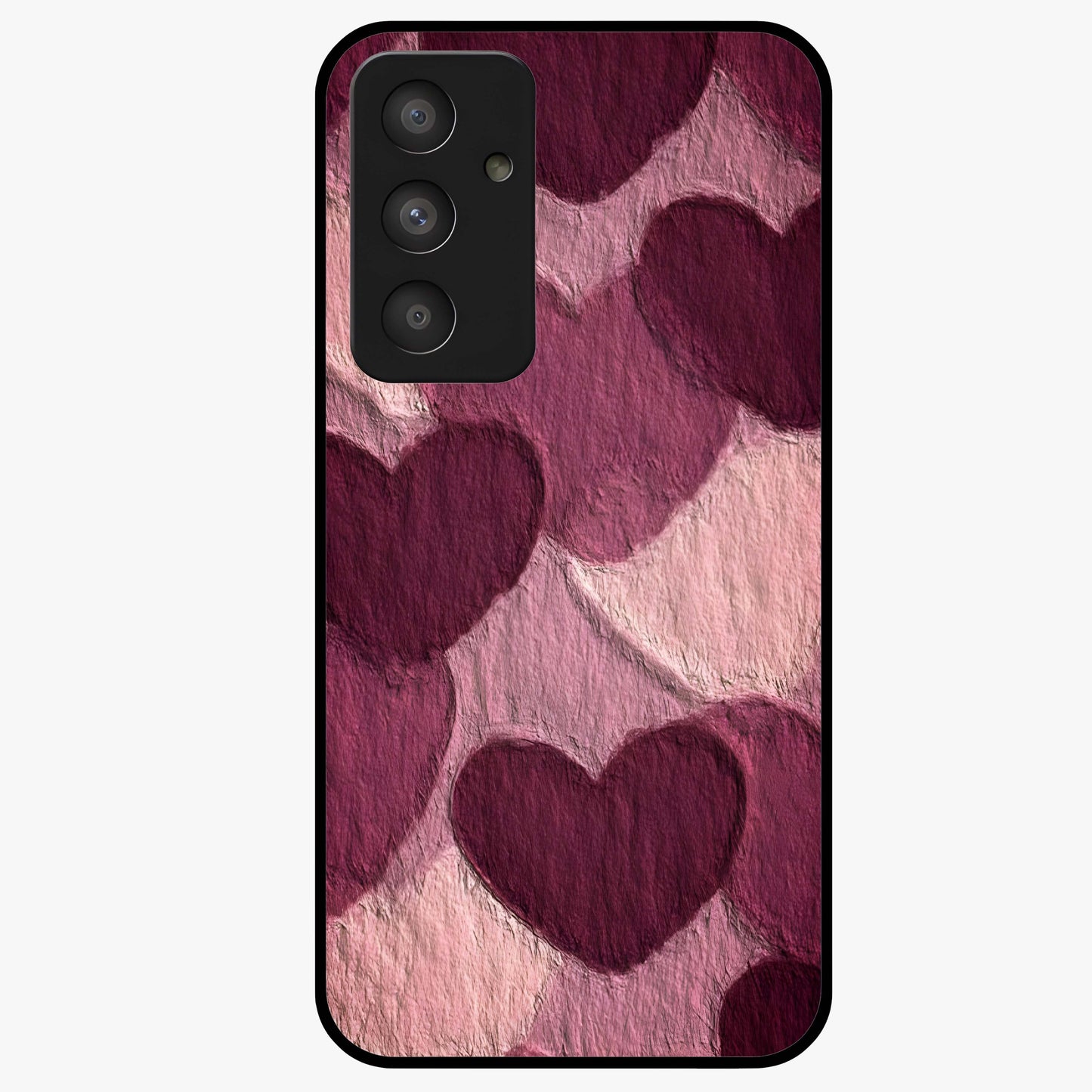 Layered Paper Hearts Glass Case showing flat back view with layered paper heart artwork and glossy glass finish.