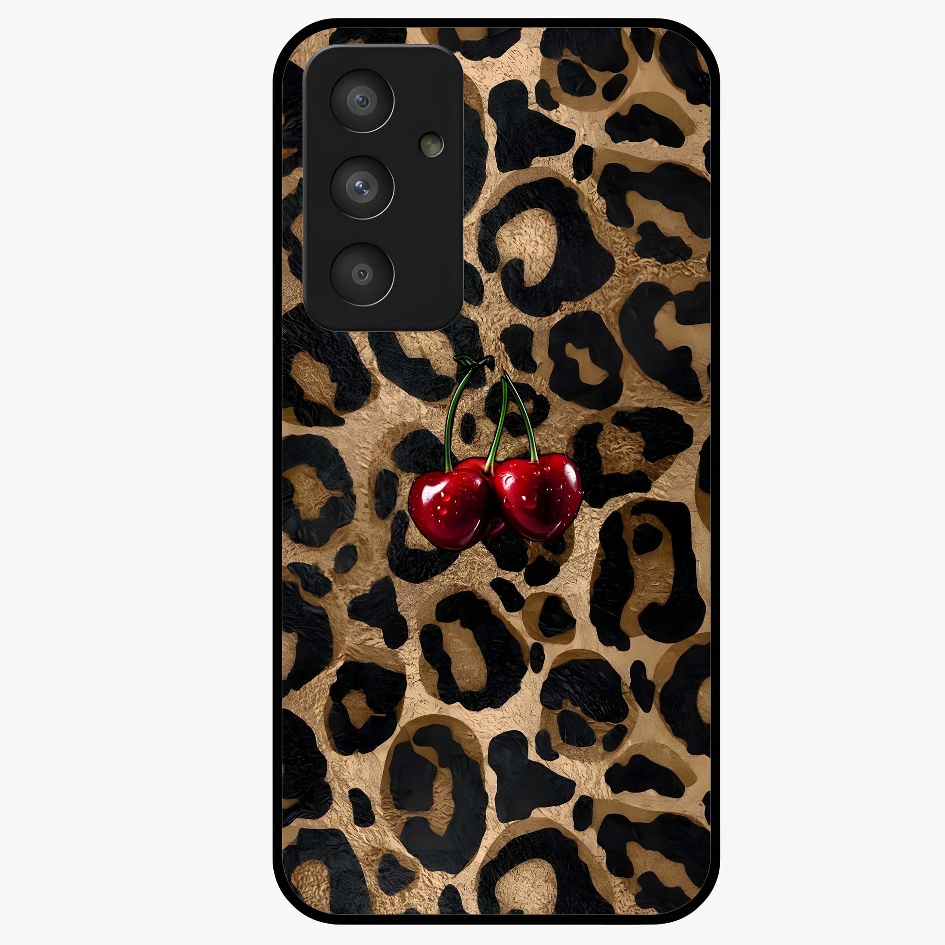 Leopard Wild Cherry Glass Case showing flat back view with leopard pattern and cherry artwork and glossy glass finish.