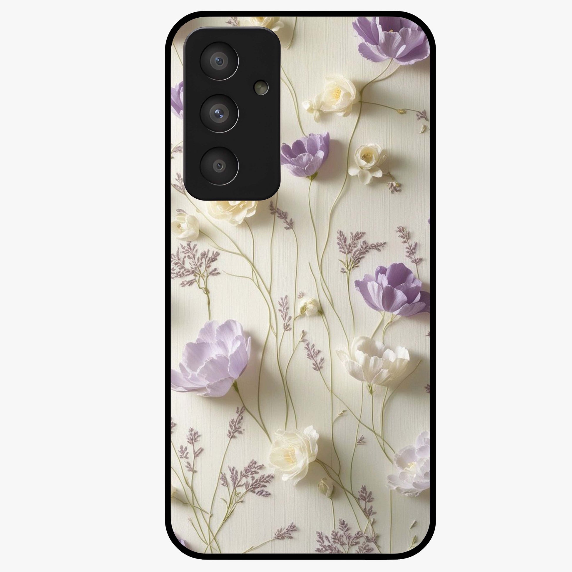 Lilac Breeze Harmony Glass Case showing flat back view with soft lilac themed artwork and glossy glass finish.