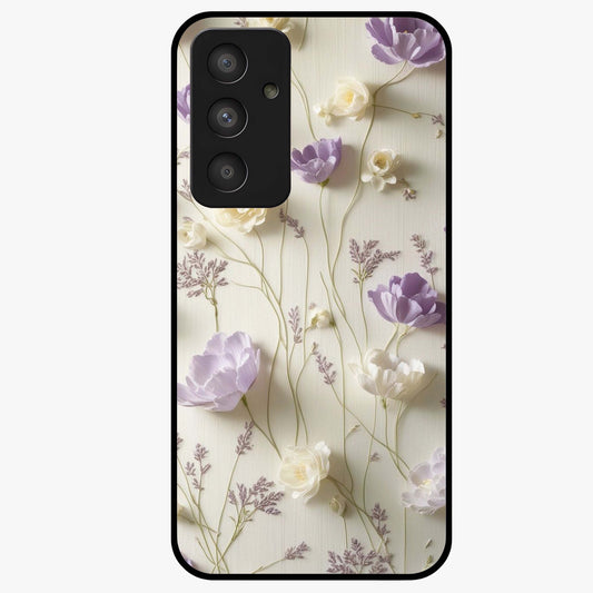Lilac Breeze Harmony Glass Case showing flat back view with soft lilac themed artwork and glossy glass finish.