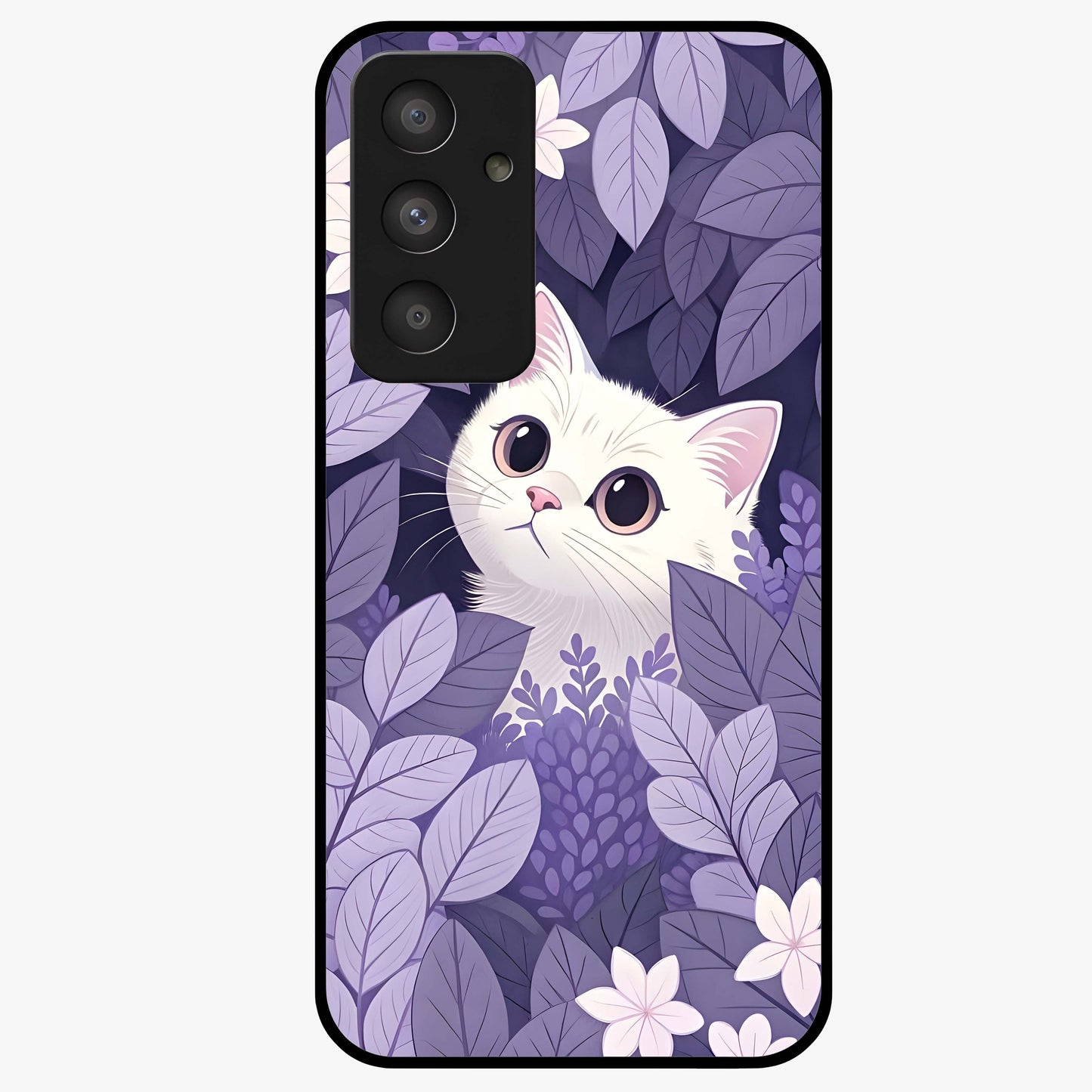 Lilac Hide Peek Cat Glass Case showing flat back view with cute peeking cat artwork and glossy glass finish.
