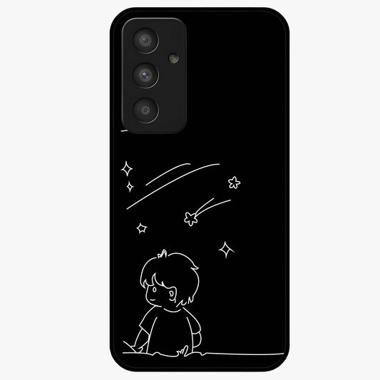 Line Art Boy With Shooting Stars Glass Case showing flat back view with minimal line art boy and shooting stars illustration and glossy glass finish.