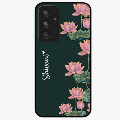 Lotus Bloom Serenity Custom Name Glass Case showing flat back view with elegant lotus flower artwork and personalized name design.
