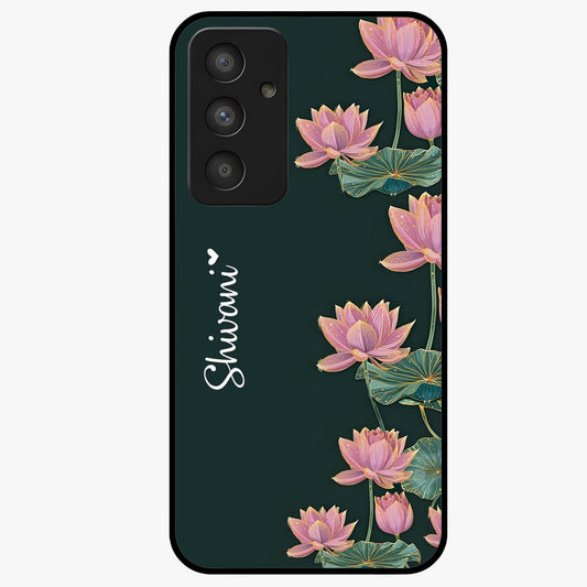 Lotus Bloom Serenity Custom Name Glass Case showing flat back view with elegant lotus flower artwork and personalized name design.