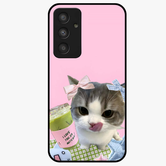 Love Matcha Cat Glass Case showing flat back view with cute cat and matcha themed artwork and glossy glass finish.