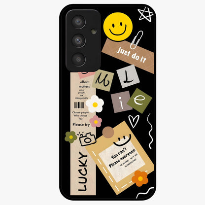 Lucky Aesthetic Collage Glass Case showing flat back view with trendy aesthetic collage artwork and glossy glass finish.