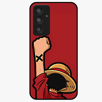 Luffy X Spirit Glass Case showing flat back view with bold anime character artwork and glossy glass finish.