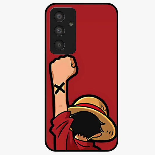 Luffy X Spirit Glass Case showing flat back view with bold anime character artwork and glossy glass finish.