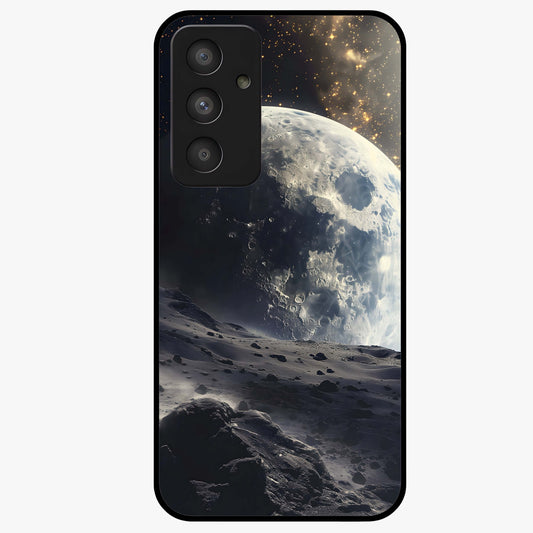 Lunar Horizon Glow Glass Case showing flat back view with glowing moon horizon artwork and glossy glass finish.