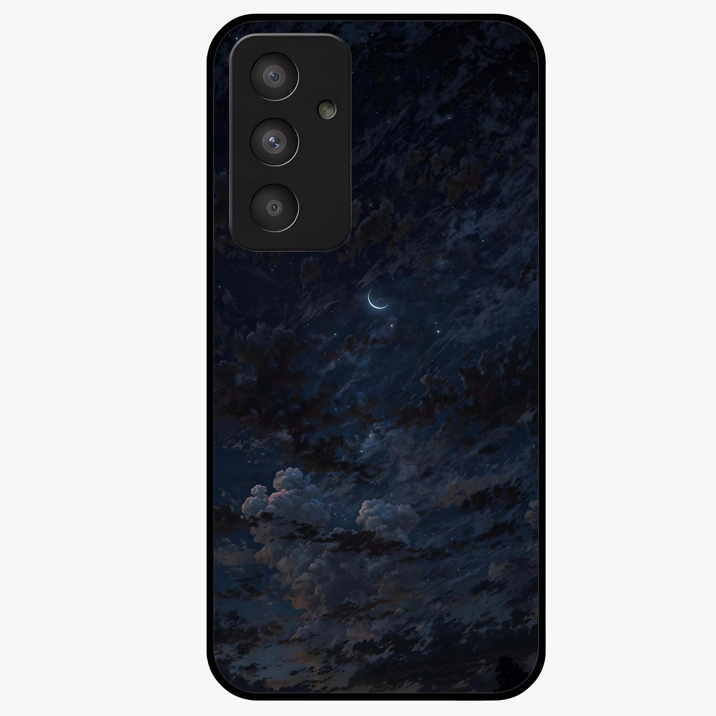 Lunar Veil Silence Glass Case showing flat back view with mystical moon veil artwork and glossy glass finish.