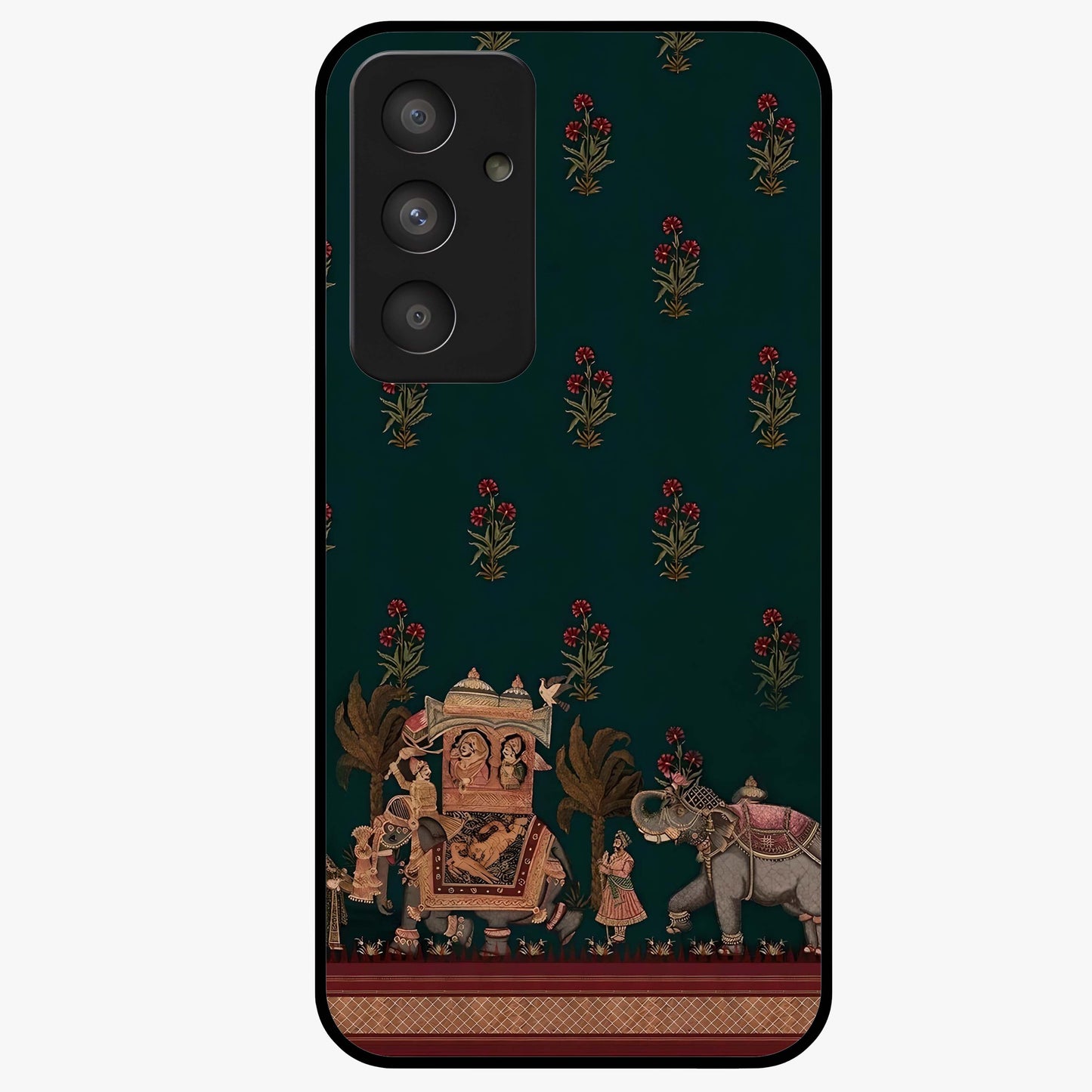 Macmerise Glass Case showing flat back view with stylish modern artwork and glossy glass finish.