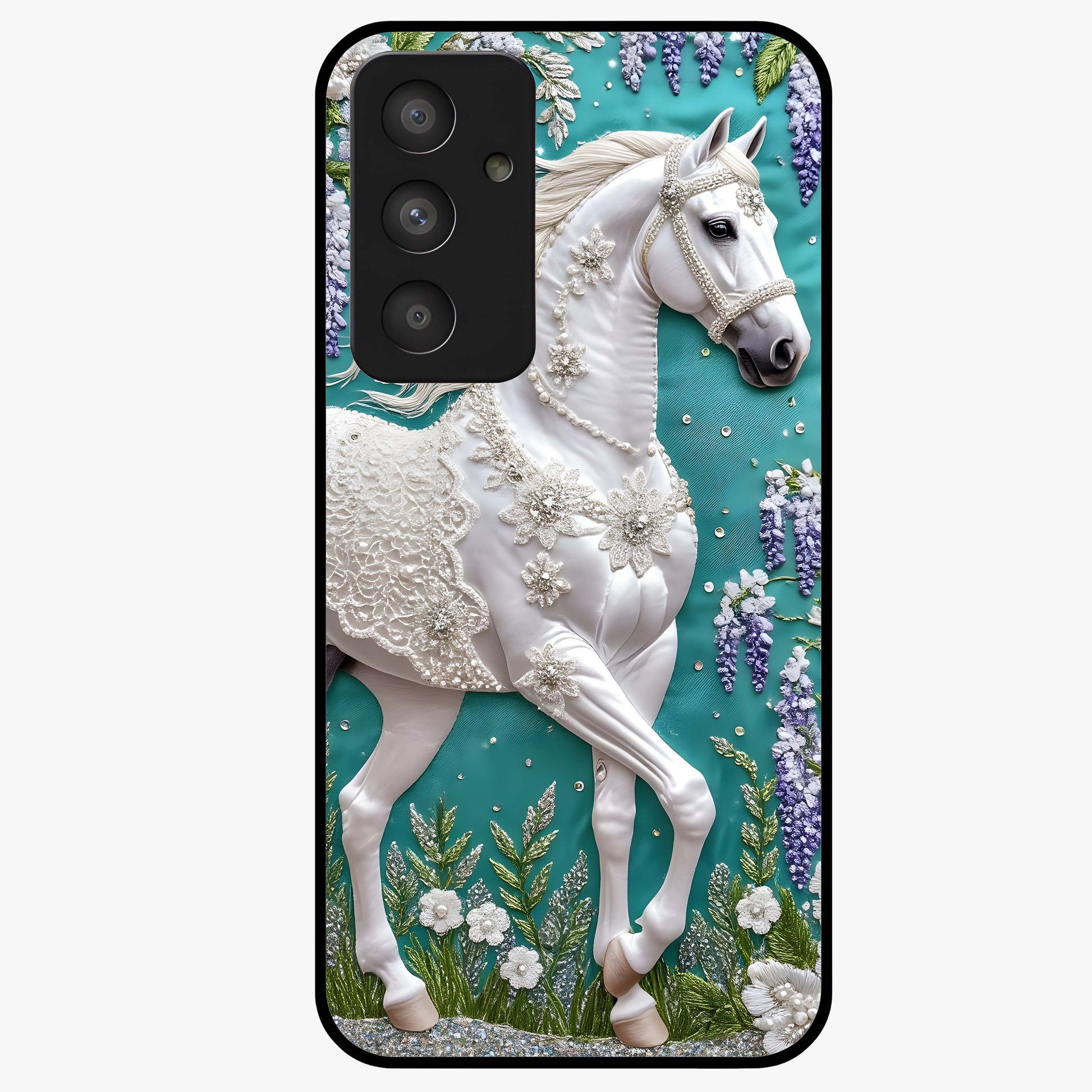 Majestic Floral Stallion Glass Case showing flat back view with powerful horse and floral artwork and glossy glass finish.