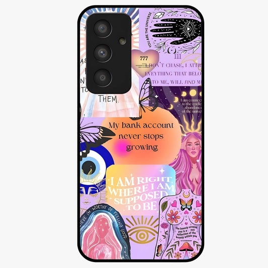 Manifestation Collage Glass Case showing flat back view with motivational collage artwork and glossy glass finish.