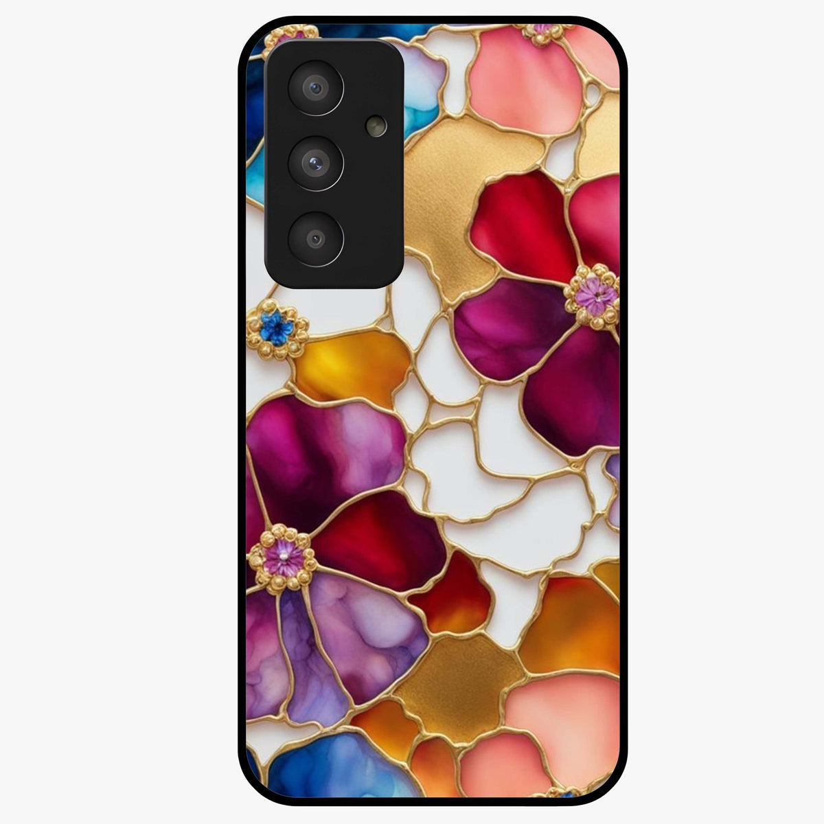 Marble Flower Pattern Glass Case showing flat back view with marble texture floral artwork and glossy glass finish.