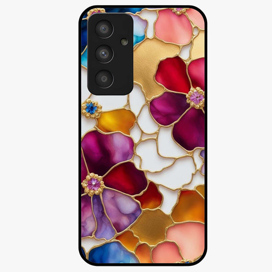 Marble Flower Pattern Glass Case showing flat back view with marble texture floral artwork and glossy glass finish.