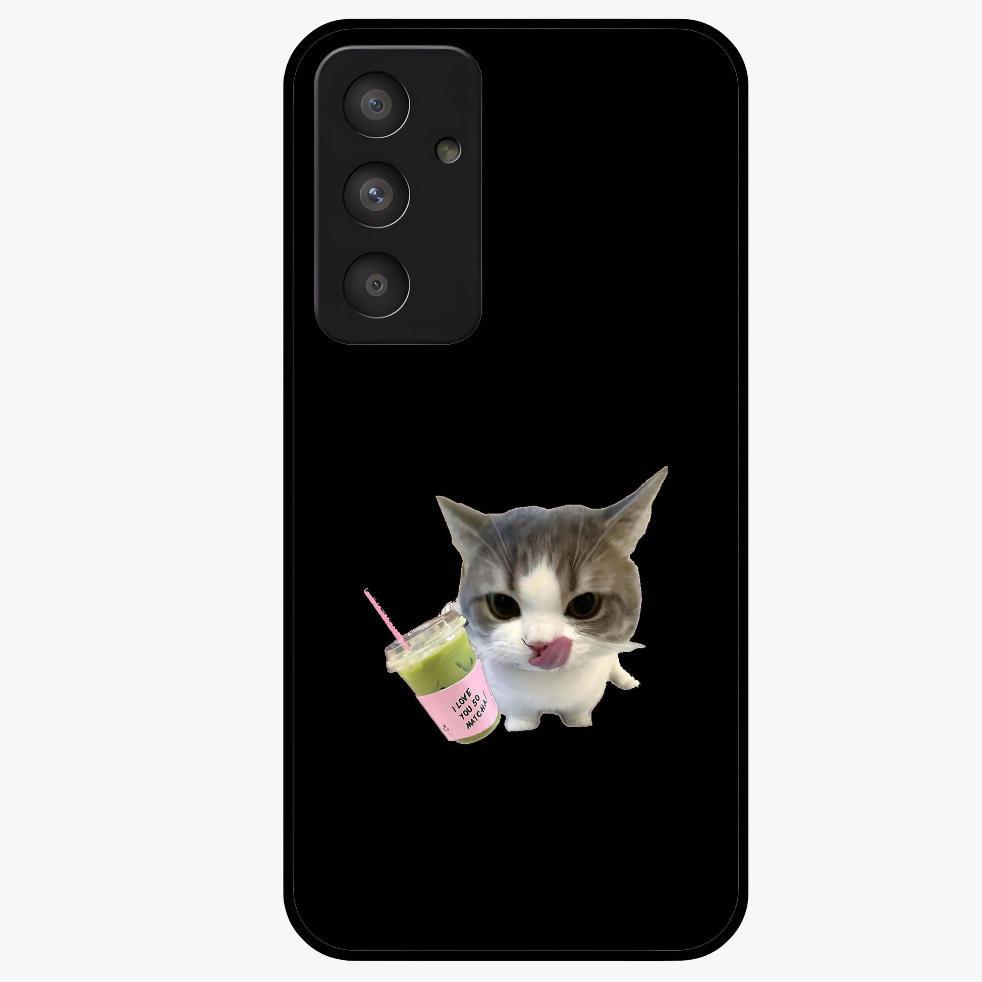 Matcha Cat Style Glass Case showing flat back view with cute matcha themed cat artwork and glossy glass finish.