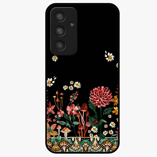 Midnight Bloom Pattern Glass Case showing flat back view with dark floral pattern artwork and glossy glass finish.