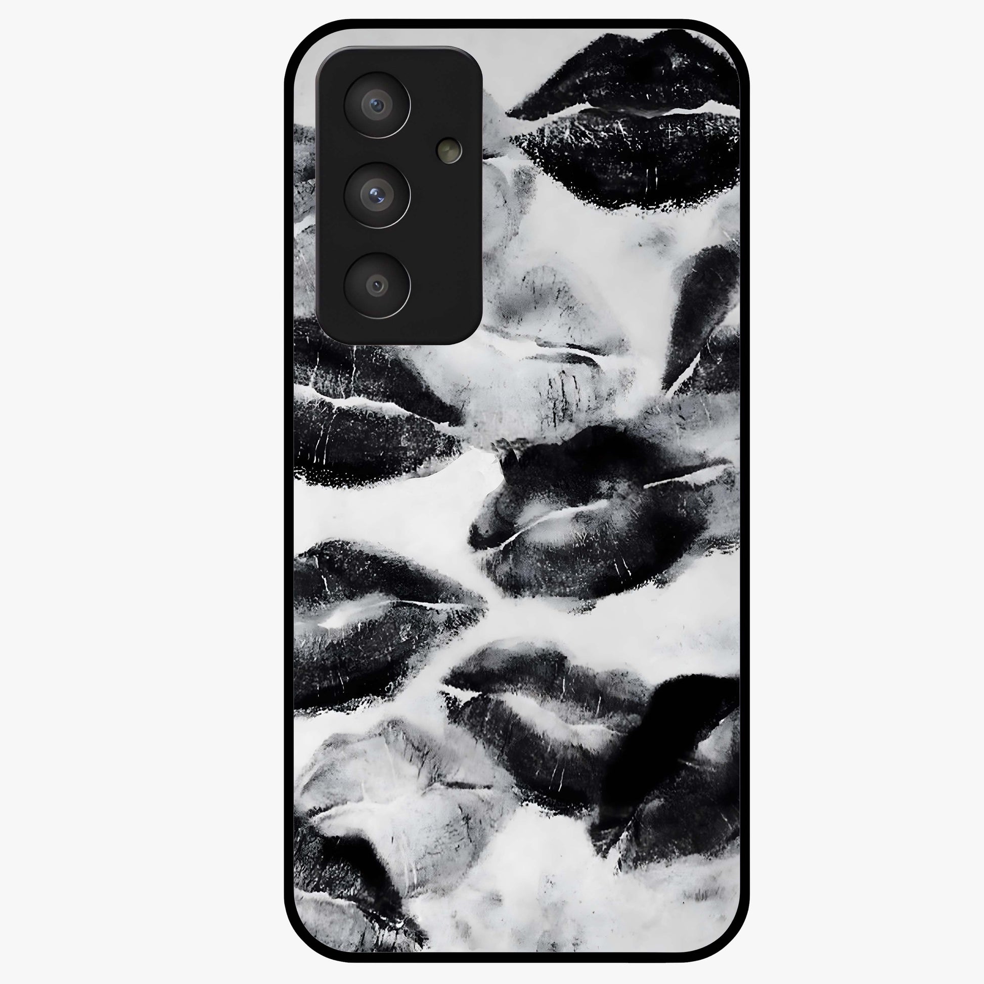 Midnight Kiss Marks Glass Case showing flat back view with lipstick kiss mark artwork and glossy glass finish.