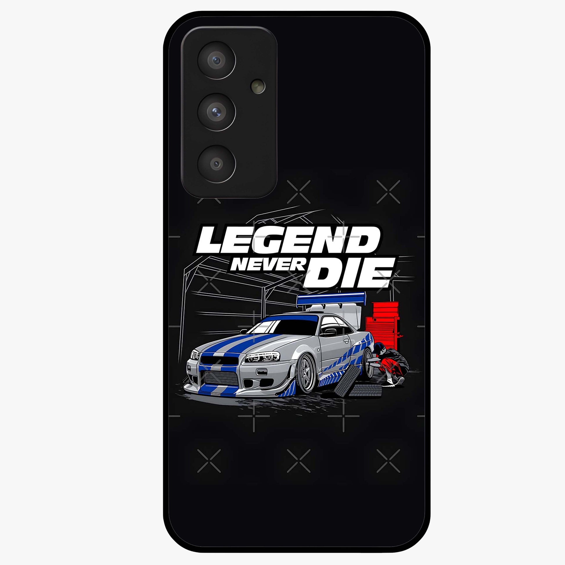 Midnight Racing Legacy Glass Case showing flat back view with sleek racing inspired artwork and glossy glass finish.