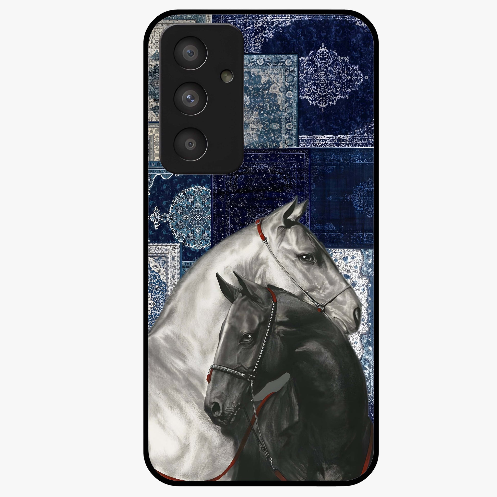 Midnight Stallion Blues Glass Case showing flat back view with majestic horse artwork and glossy glass finish.