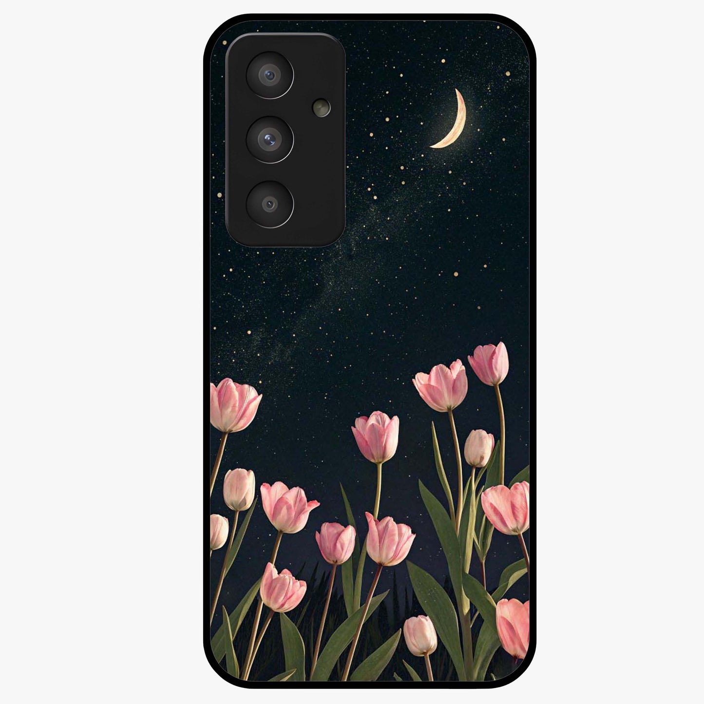 Midnight Tulip Whispers Vibe Glass Case showing flat back view with elegant tulip flower artwork and glossy glass finish.