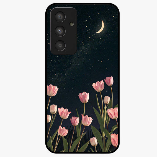 Midnight Tulip Whispers Vibe Glass Case showing flat back view with elegant tulip flower artwork and glossy glass finish.