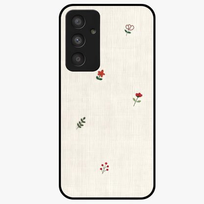 Minimal Petal Whispers Glass Case showing flat back view with soft minimal floral artwork and glossy glass finish.