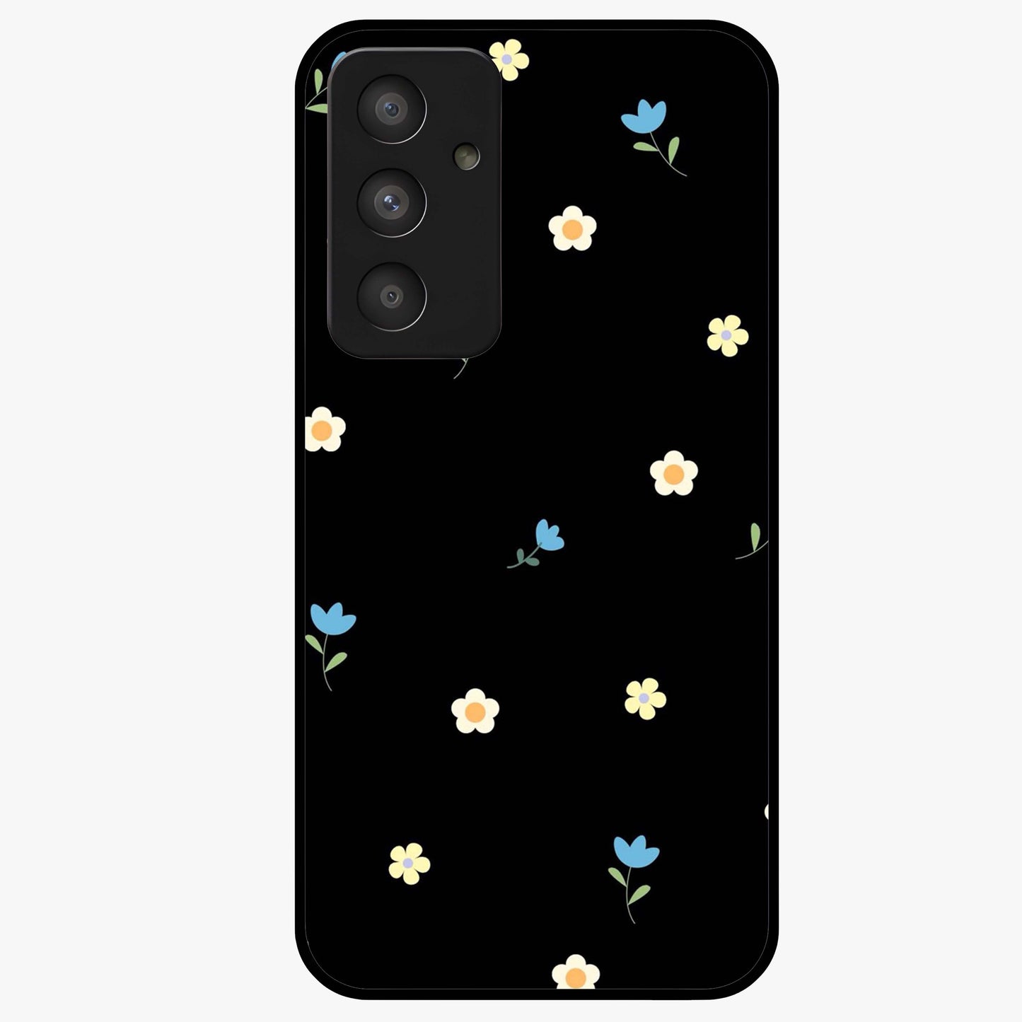 Minimalistic Blue With White Flower Pattern Glass Case showing flat back view with blue background and white flower pattern and glossy glass finish.