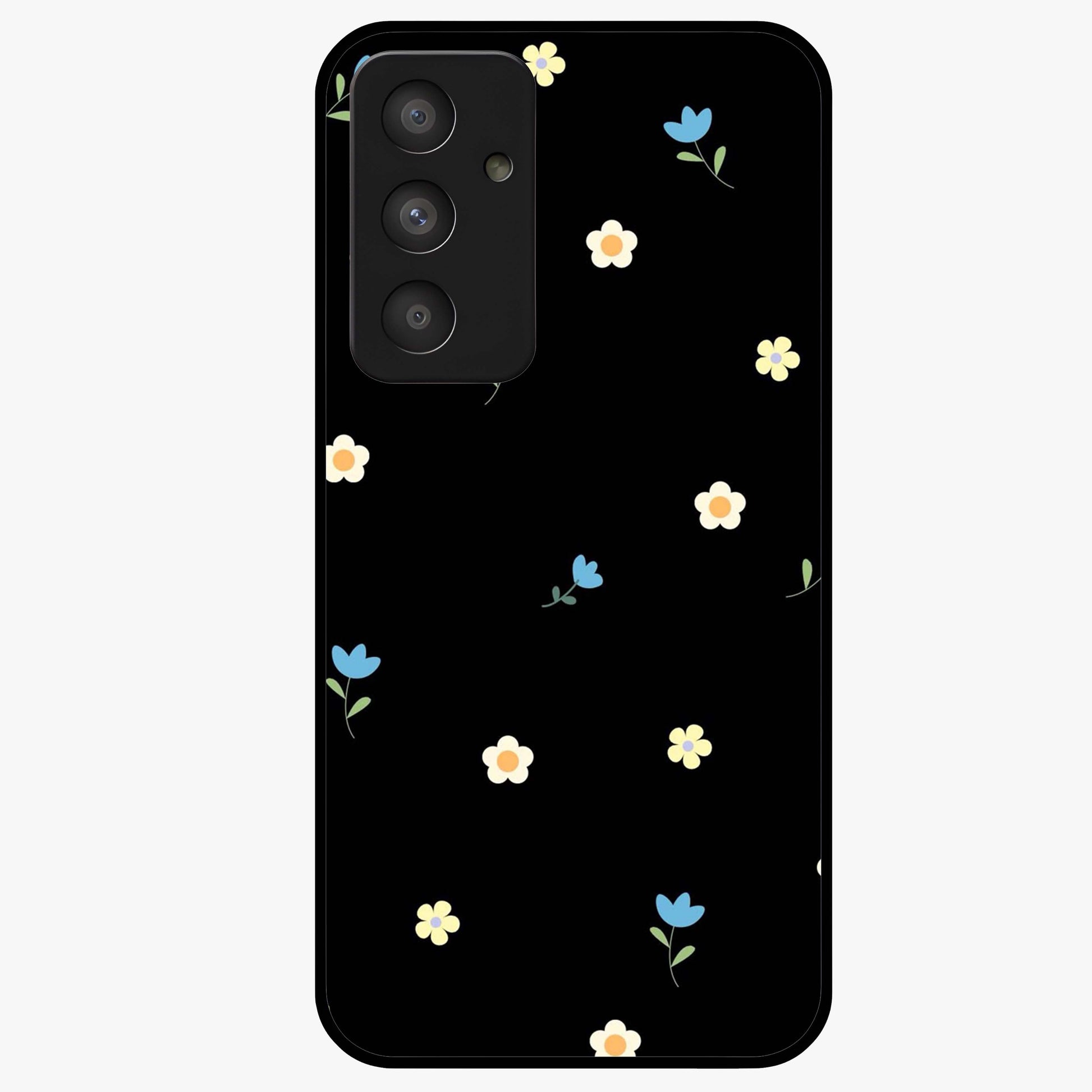 Minimalistic Blue With White Flower Pattern Glass Case showing flat back view with blue background and white flower pattern and glossy glass finish.