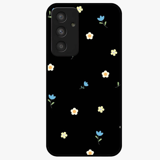 Minimalistic Blue With White Flower Pattern Glass Case showing flat back view with blue background and white flower pattern and glossy glass finish.