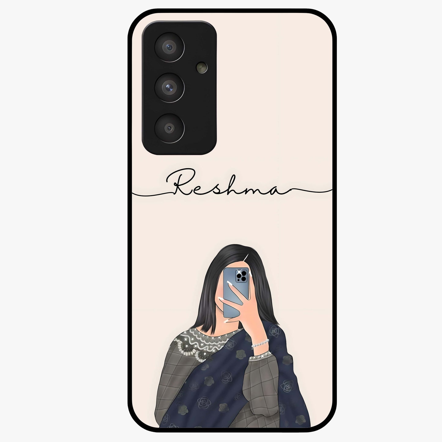 Mirror Mood Muse With Custom Name Glass Case showing flat back view with stylish mirrored artwork and personalized name design.