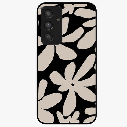 Monochrome Petal Dance Glass Case showing flat back view with monochrome floral artwork and glossy glass finish.
