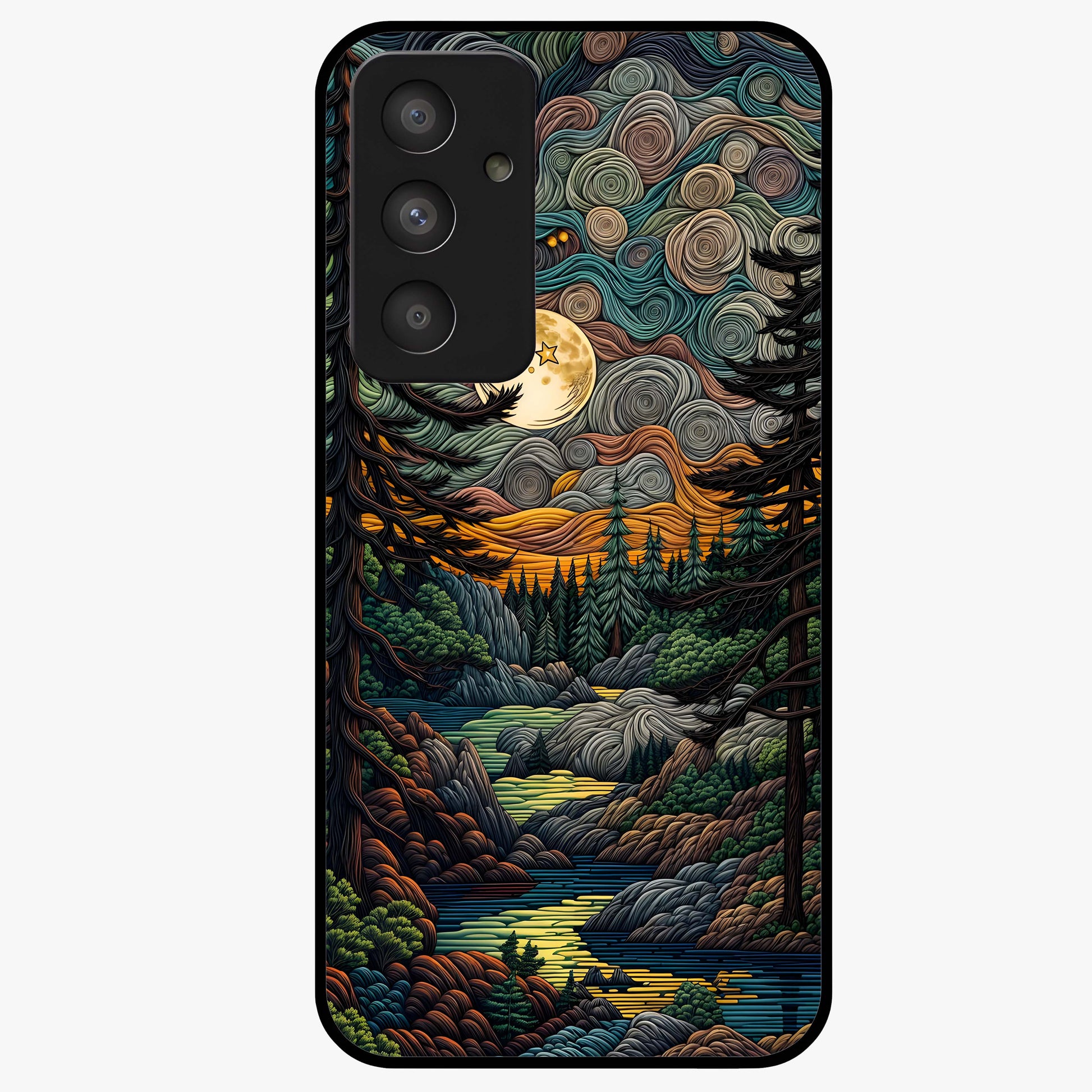 Moonlight Forest Dream Glass Case showing flat back view with mystical forest moonlight artwork and glossy glass finish.