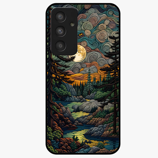 Moonlight Forest Dream Glass Case showing flat back view with mystical forest moonlight artwork and glossy glass finish.