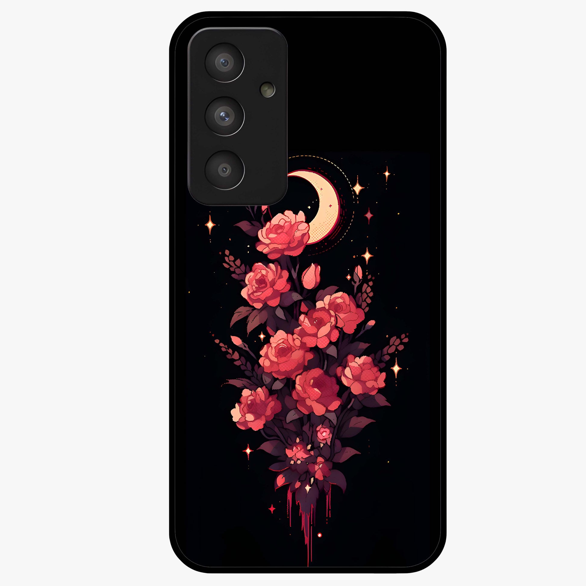 Moonlit Floral Elegance Glass Case showing flat back view with elegant floral artwork under moonlit tones and glossy glass finish.