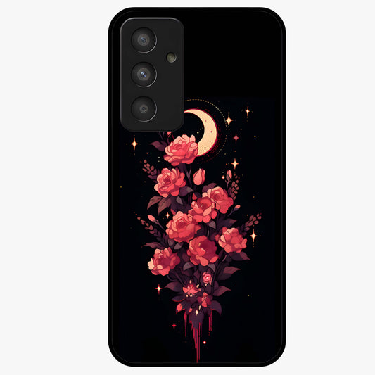 Moonlit Floral Elegance Glass Case showing flat back view with elegant floral artwork under moonlit tones and glossy glass finish.