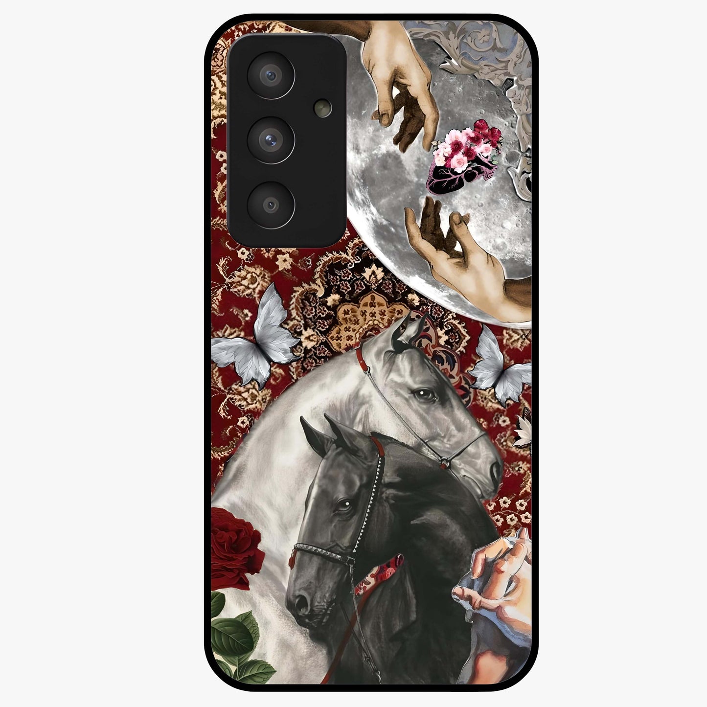 Moonlit Royal Stallion Glass Case showing flat back view with majestic horse under moonlight artwork and glossy glass finish.