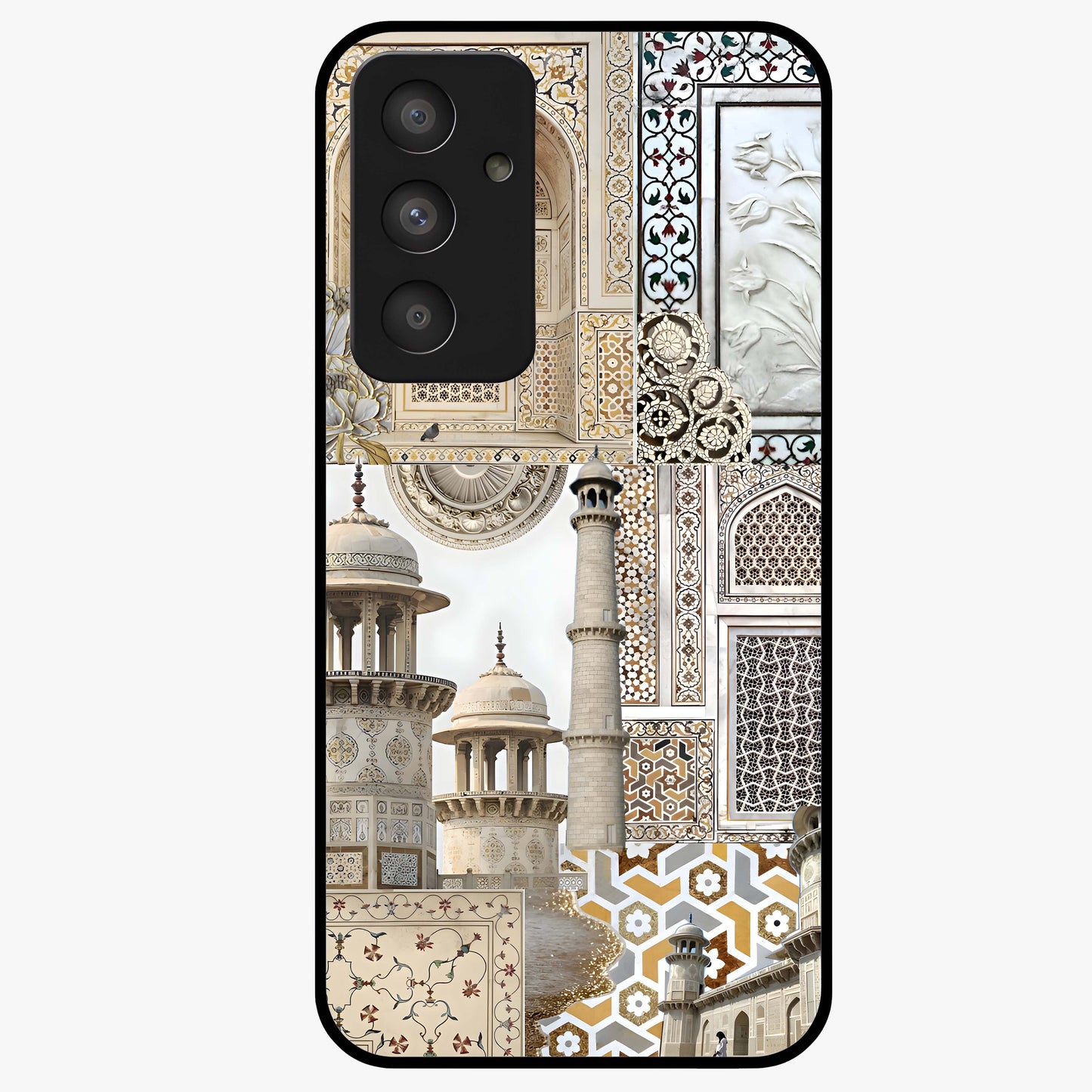 Mughal Marble Legacy Glass Case showing flat back view with intricate Mughal inspired marble pattern and glossy glass finish.