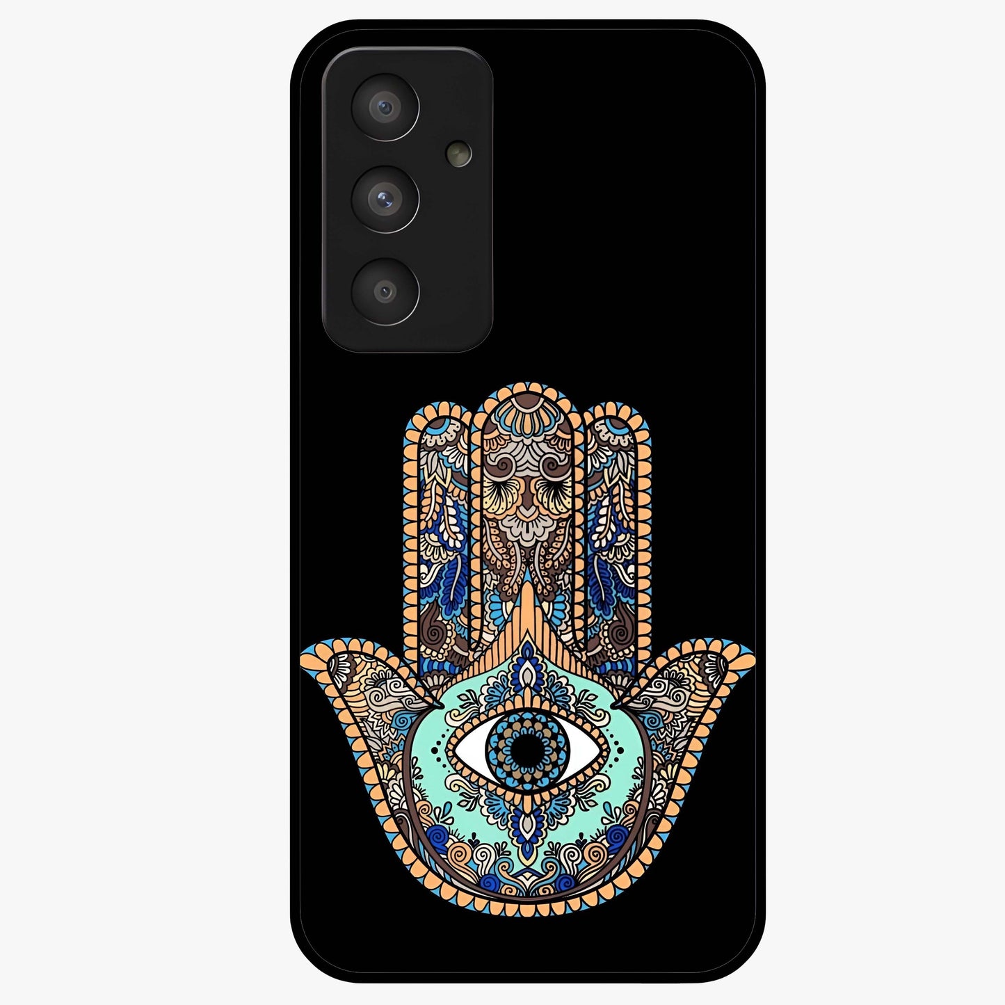 Mystic Hamsa Eye Glass Case showing flat back view with protective hamsa hand and evil eye artwork and glossy glass finish.