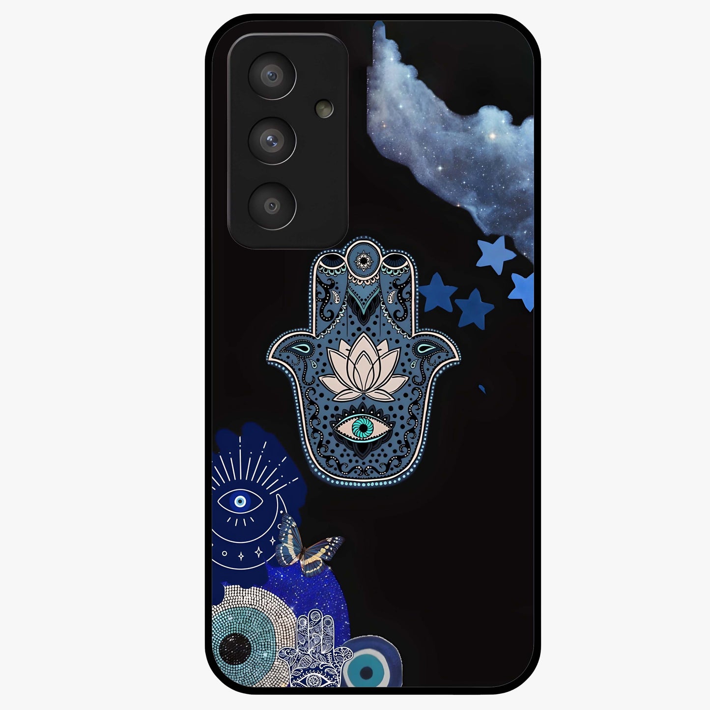 Mystic Hand Aura Glass Case showing flat back view with mystical hand symbol artwork and glossy glass finish.