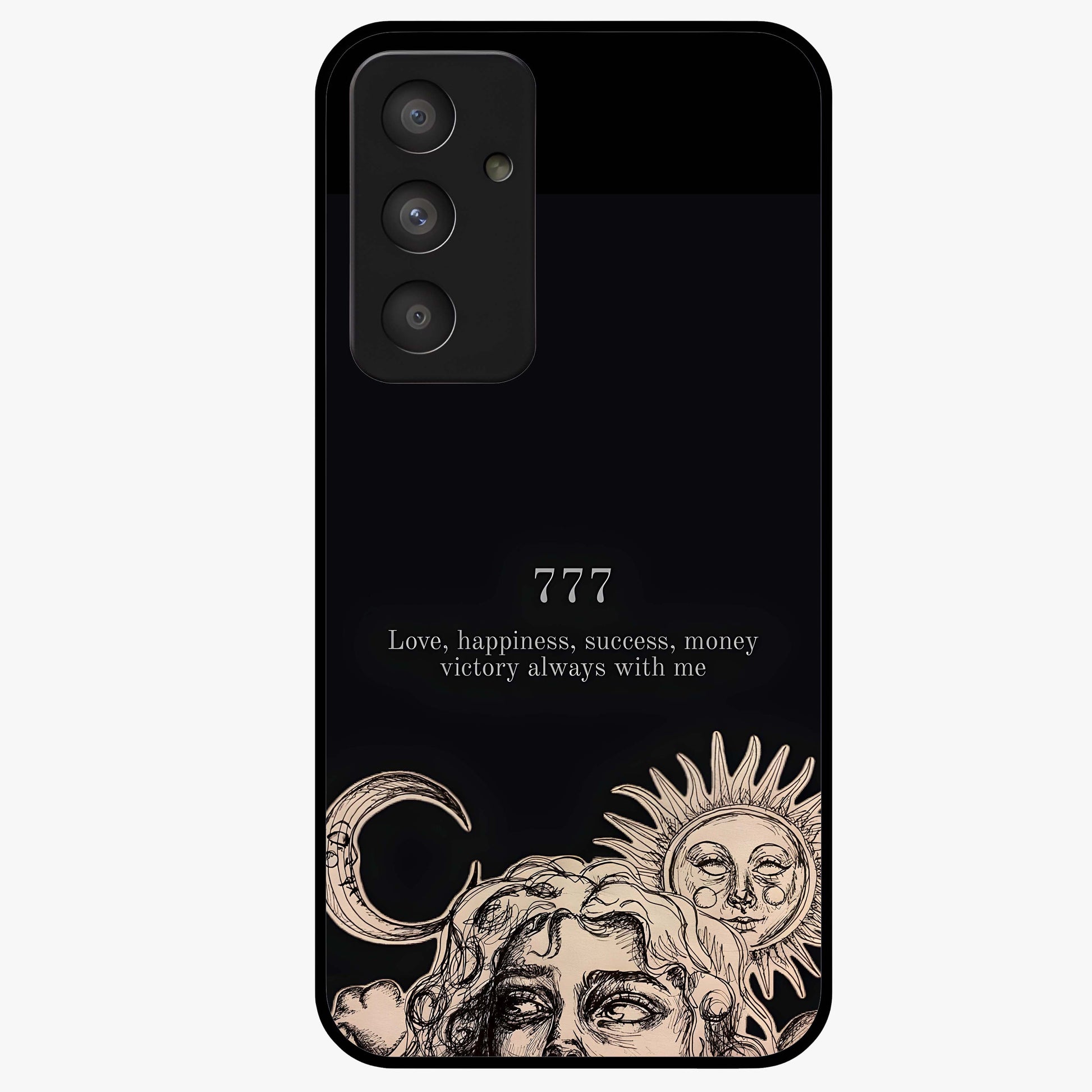 Mystic Victory Aura Glass Case showing flat back view with victory symbol artwork and glossy glass finish.