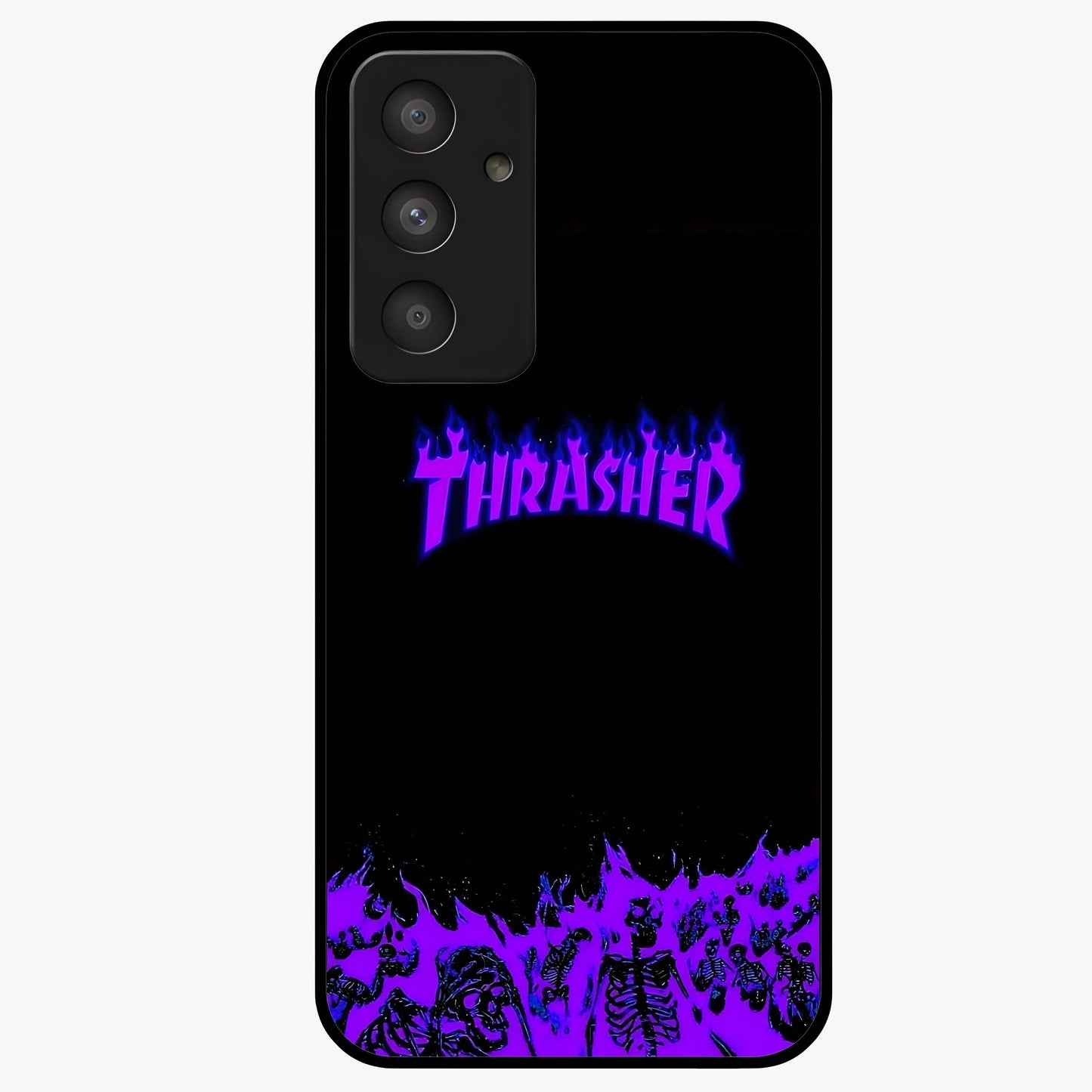 Neon Flame Riot Glass Case showing flat back view with neon flame artwork and glossy glass finish.