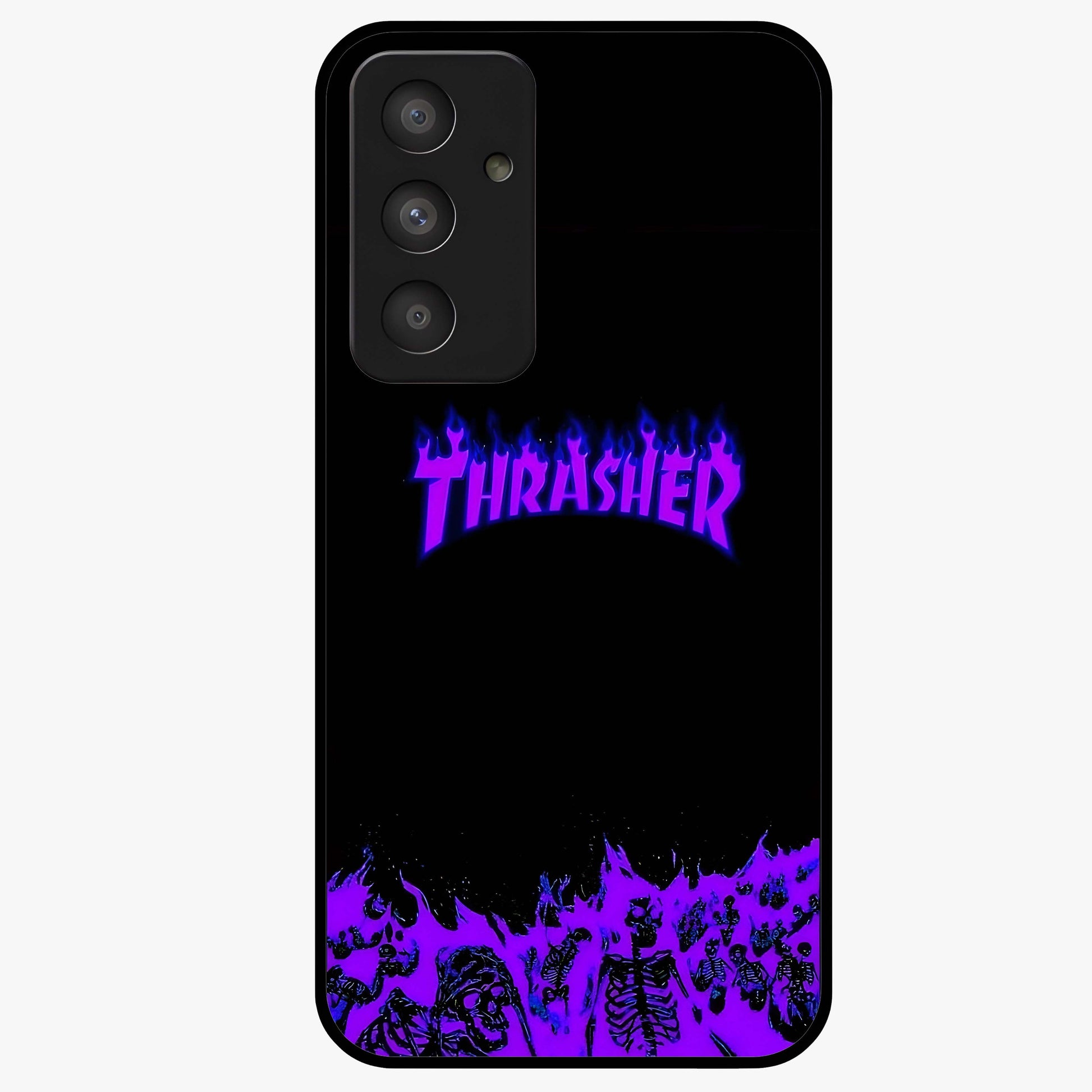 Neon Flame Riot Glass Case showing flat back view with neon flame artwork and glossy glass finish.