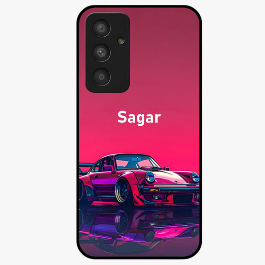 Neon Pink Porsche Glass Case showing flat back view with stylish sports car artwork and glossy glass finish.