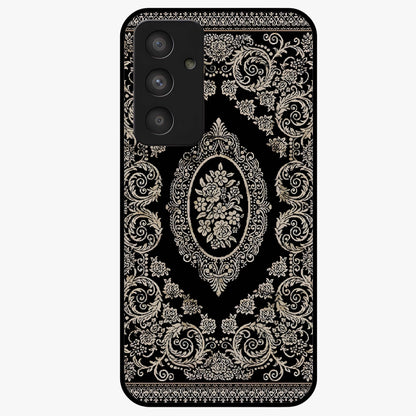 Noir Bloom Elegance Glass Case showing flat back view with elegant dark floral artwork and glossy glass finish.