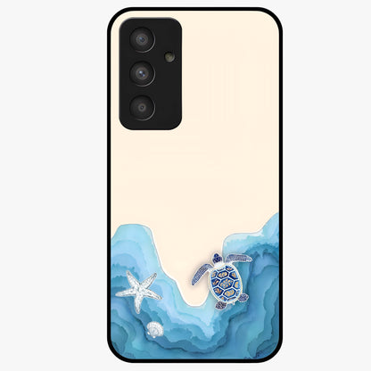 Ocean Drift Turtle Glass Case showing flat back view with sea turtle artwork and glossy glass finish.