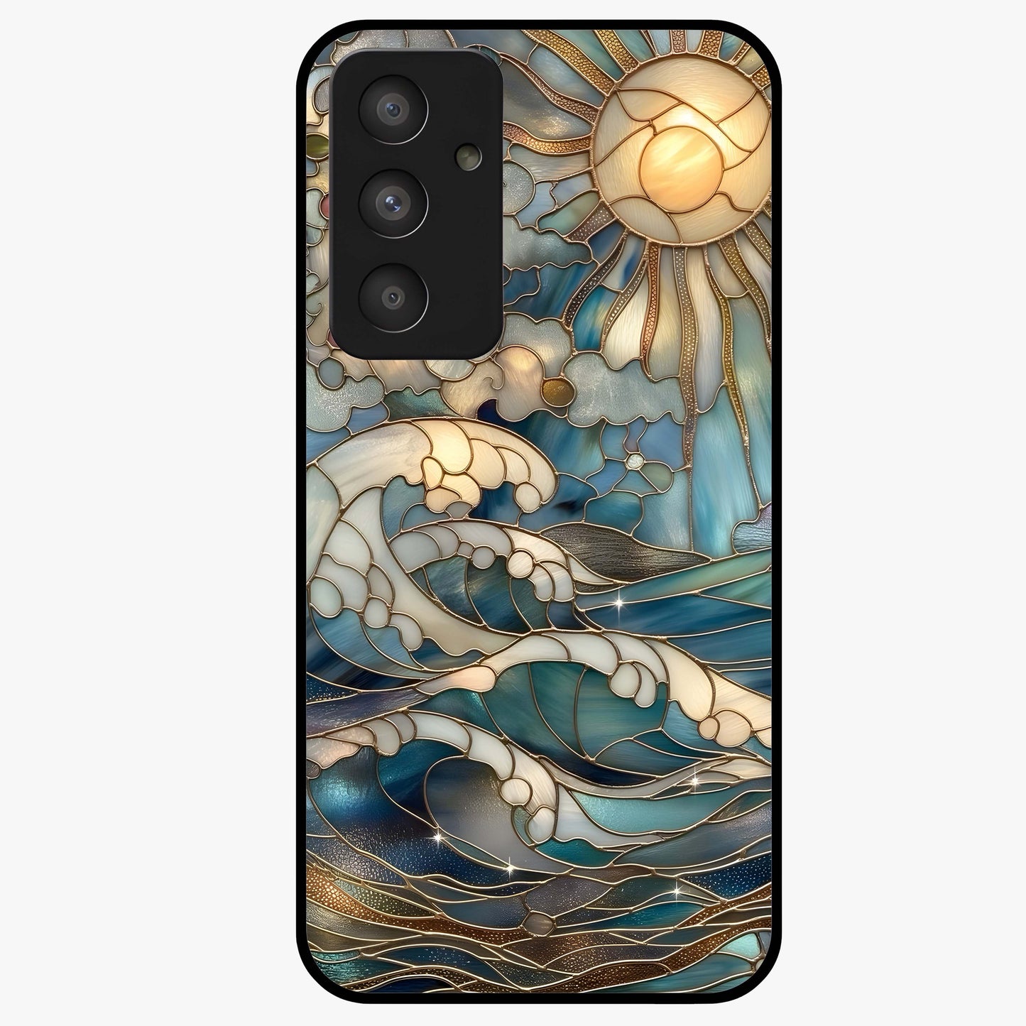 Oceanic Stained Printed Glass Case showing flat back view with ocean inspired stained pattern artwork and glossy glass finish.