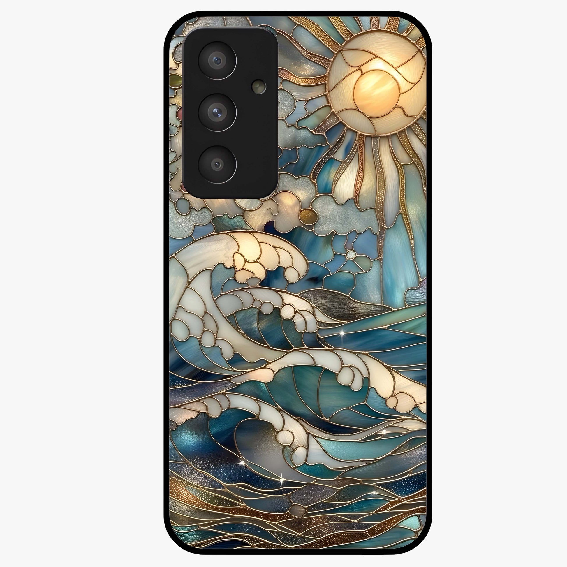 Oceanic Stained Printed Glass Case showing flat back view with ocean inspired stained pattern artwork and glossy glass finish.