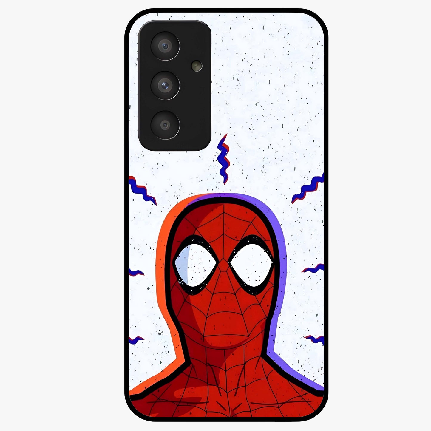 Omg Spiderman Glass Case showing flat back view with bold superhero inspired artwork and glossy glass finish.